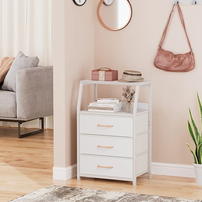 Furnulem White Nightstand with 3 Drawers and 2-Tier Shelf, Small Night Stand End Table Side Furniture, Fabric Storage Organiz