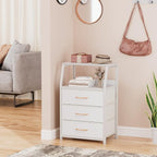 Furnulem White Nightstand with 3 Drawers and 2-Tier Shelf, Small Night Stand End Table Side Furniture, Fabric Storage Organiz