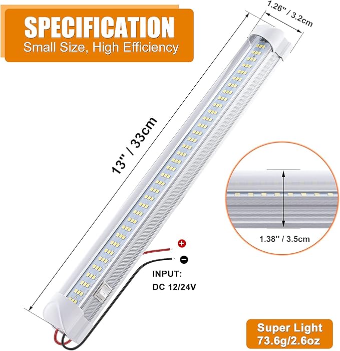CZC AUTO Led Light Strip 12V/24V 13" Led Light Bar LED Interior Light with ON/Off Switch 108 LEDs Strip Light for Van Lorry RV Motorhome Truck Trailer Cabinet Camping, 4 Pack