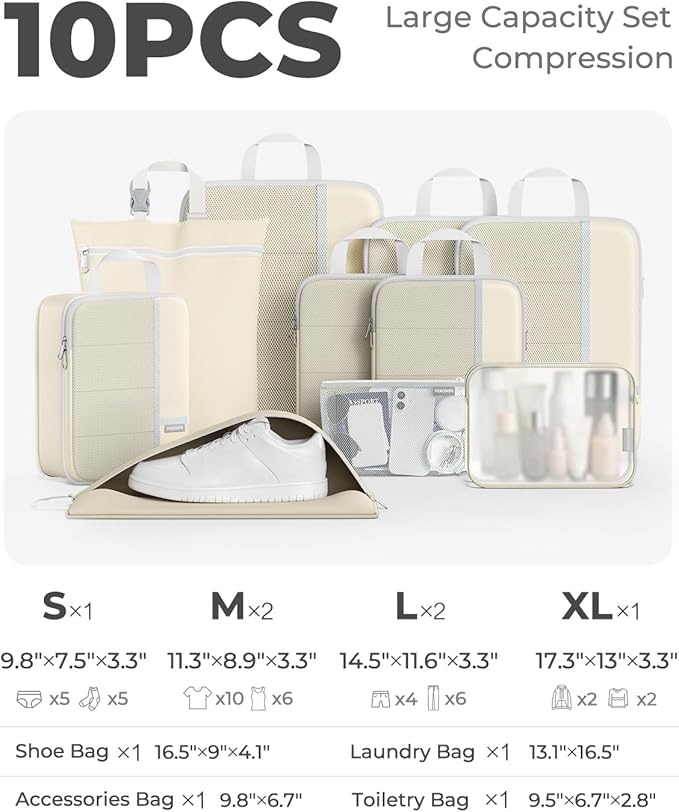 Percover Compression Packing Cubes 10-Piece Set, Packing Cubes Compression for Travel with Toiletry Bag, Laundry Bag & Shoe B