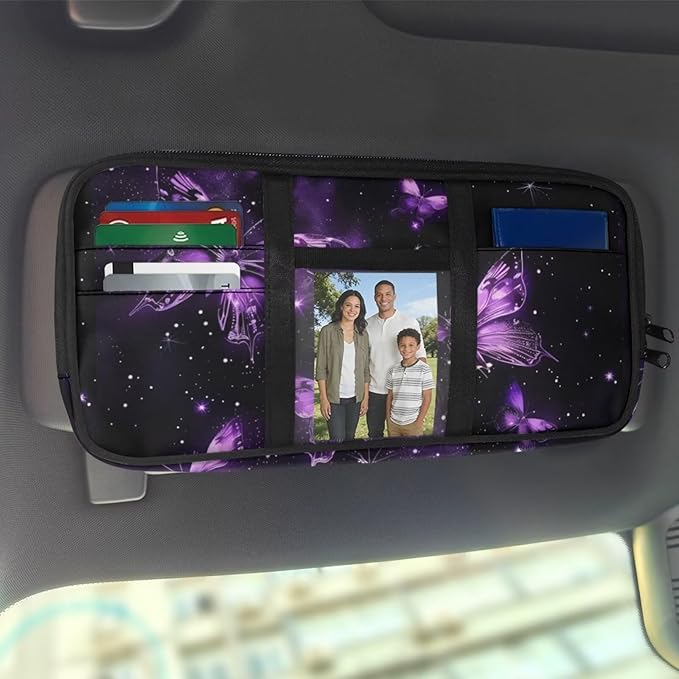 Butterfly Car Sun Visor Organizer Zipper with Picture Holder Tech Pouch Accessories Carry Storage with Multi-Pocket and Adjustable Straps Easy Installation Universal Fit for Most Cars SUV