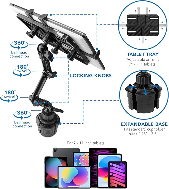 Mount-It! Premium Cup Holder Tablet Mount Fits Vehicle Cupholders 2.75"–3.5" in Diameter, Adjustable Tray for 7"–11" Tablets, Heavy-Duty Aluminum Arm, Full Motion Swivel & Secure Lock Cars Trucks SUVs
