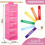 6-Shelf Weekly Clothes Organizer for Kids, Hanging Daily Closet Organization with 6 Side Pockets, Days of The Week Clothing D