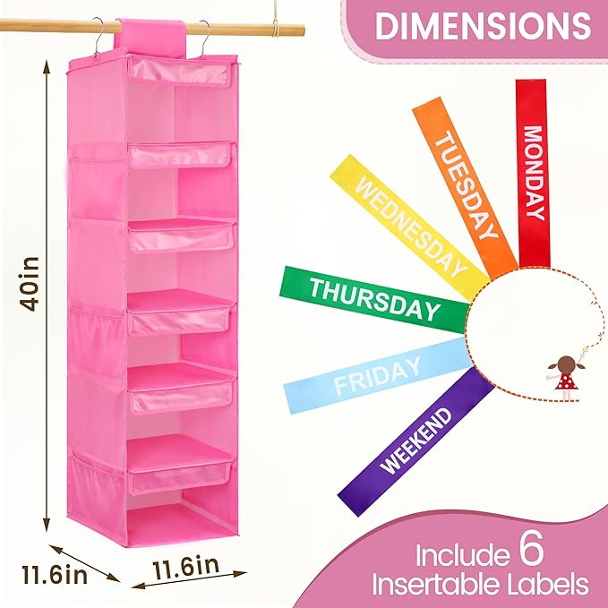 6-Shelf Weekly Clothes Organizer for Kids, Hanging Daily Closet Organization with 6 Side Pockets, Days of The Week Clothing D