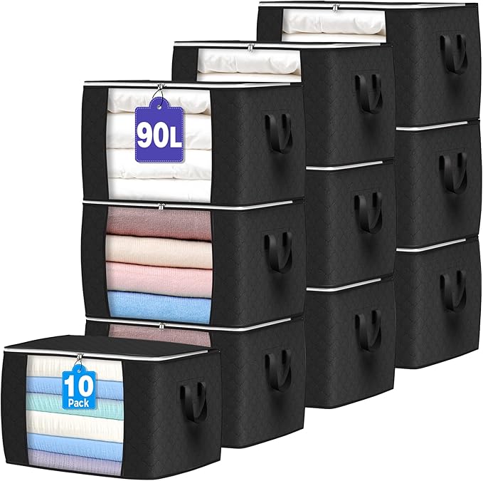Budding Joy 90 L Large Storage Bags, 10 Pack Clothes Storage Bins Foldable Closet Organizers Storage Containers with Reinforc