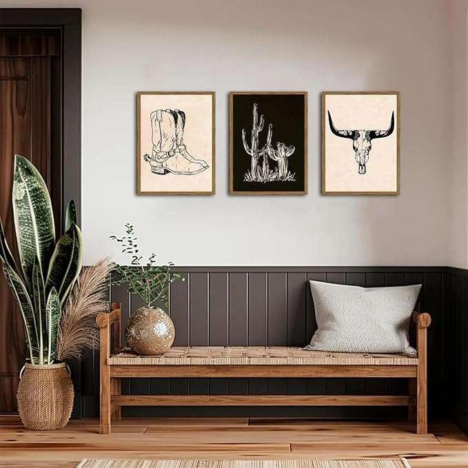 Vintage Western Wall Art Set of 3, Southwestern Cowboy Wall Decor Paintings, Black and White Longhorn Bull Skull Canvas Print