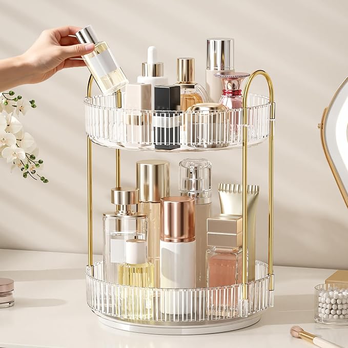 Oifecsie 360° Rotating Makeup Organizer, Large Capacity SkinCare Organizer, 2 Tier Cosmetic Skin Care Perfume Dresser Organiz