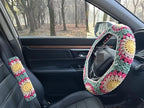 Crochet Sunflower Car Steering Wheel Covers Universal 14-15 inch for Women/Men (B:Wheel Cover+2 Belt Cover)