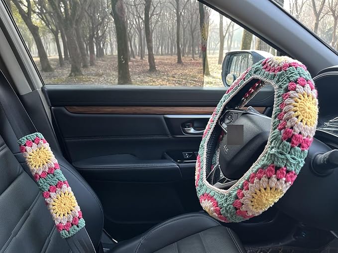 Crochet Sunflower Car Steering Wheel Covers Universal 14-15 inch for Women/Men (B:Wheel Cover+2 Belt Cover)