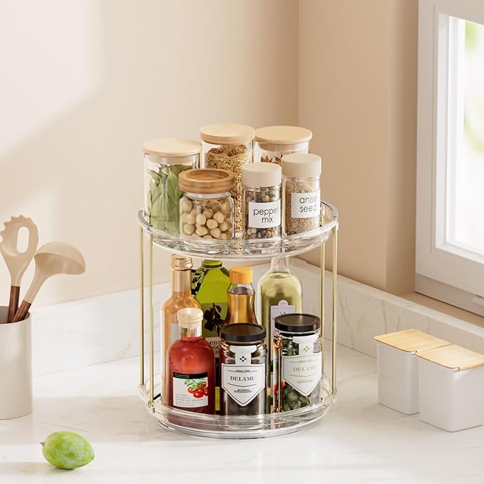 Delamu Rotating Makeup Organizer for Vanity, 2 Tier Skincare Organizer for Bathroom Counter, Spinning Perfume Organizer Cosme