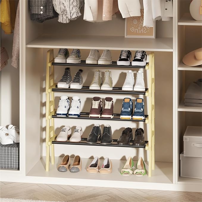 2-Tier Stackable Bamboo Shoe Rack, Free Standing Shoe Storage Organizer for Entryway, Closet, Doorway - Natural Wood Shoe She
