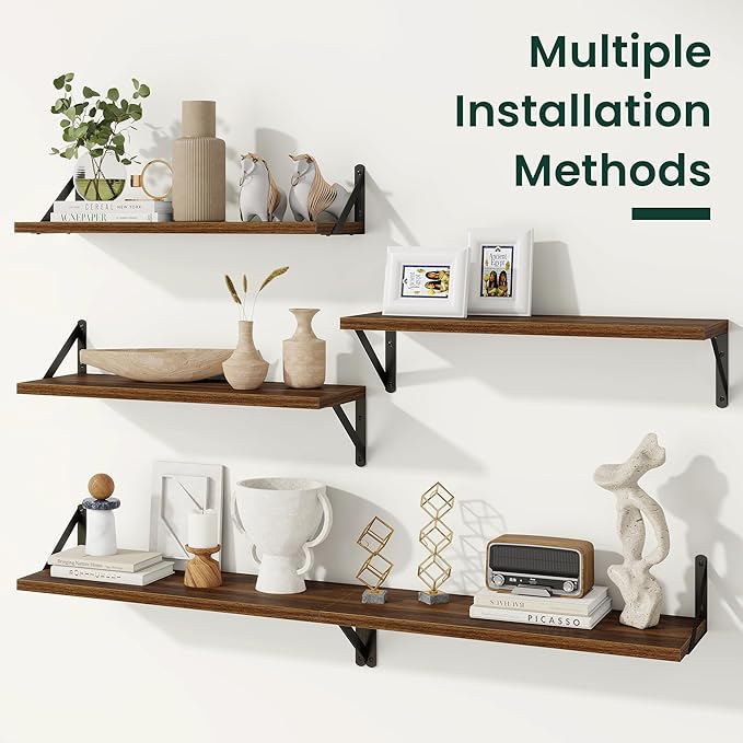 Floating Shelves, 8 Inch Deep Rustic Wood Wall Storage, 16W x 8D Wall Shelves Set of 2, Heavy Duty Metal Brackets, Industrial
