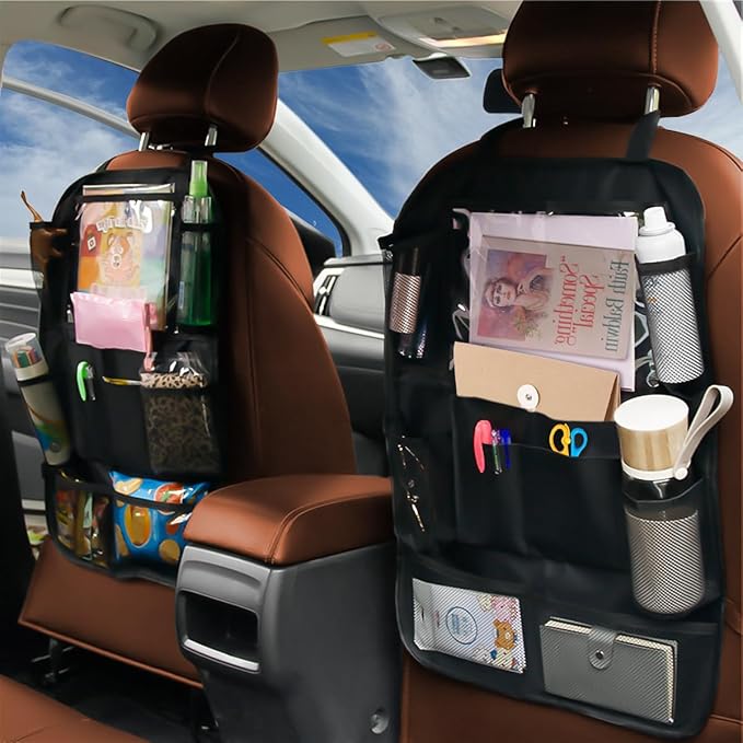 Car Seat Back Organizer, 2 Pack Backseat Storage Bag with Touch Screen Tablet Holder & 9 Pockets, Durable Waterproof Oxford Fabric, Travel Accessories, Road Trip Essentials for Kids
