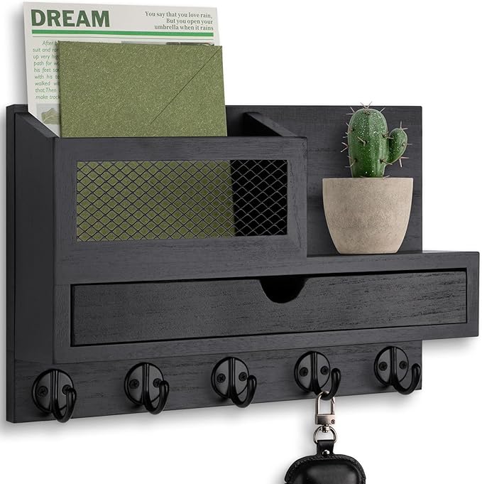 Key Holder Wall Mount, Key Holder for Wall with 5 Key Hooks and Storage Drawer Mail Organizer for Entryway Living Room Farmho