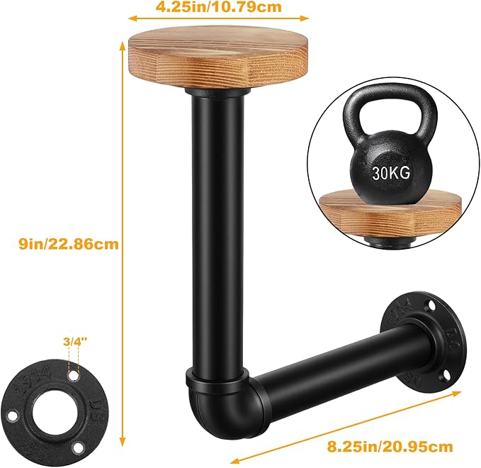 Cowboy Hat Rack -2 Pack Black Metal Pipe & Brown Wood Wall-Mounted Hat & Wig Holder, Hanging Motorcycle Helmet Holder Rack, R