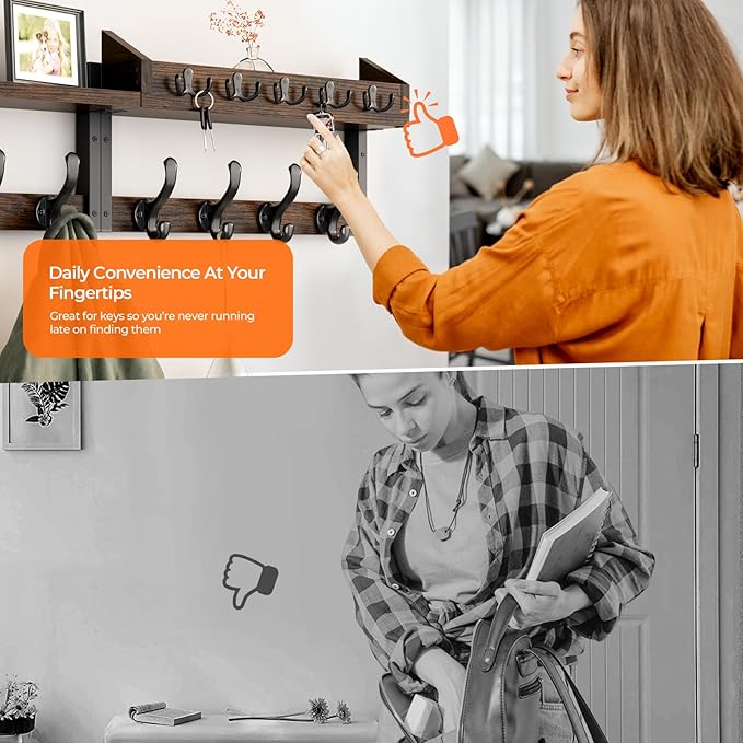 Evermagin 35" Coat Rack Wall Mount with Shelf, 4 in 1 Coat and Key Hanger with 13 Metal Hooks, Entryway Wall Mounted Shelf wi