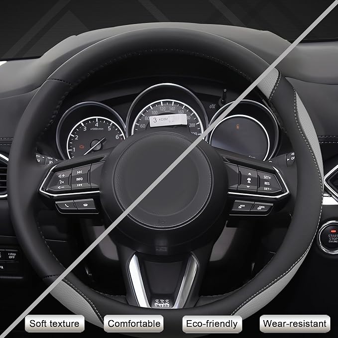 West Llama Microfiber Leather Car Steering Wheel Cover Universal Fit 15-15.5 inch SUV,Sedan,Car,Trucks(Black+Gray-M-Large Siz
