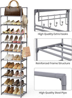 10 Tiers Tall Shoe Rack Narrow 20-24 Pairs Shoe Rack for Closet Entryway Vertical Metal Shoe Rack Organizer Shoe and Boots Or