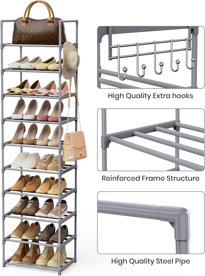 10 Tiers Tall Shoe Rack Narrow 20-24 Pairs Shoe Rack for Closet Entryway Vertical Metal Shoe Rack Organizer Shoe and Boots Or