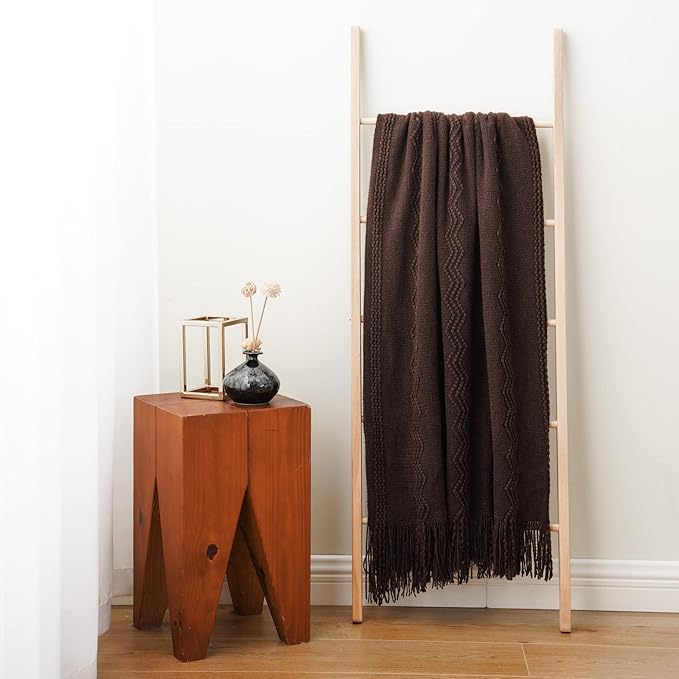 BATTILO HOME Brown Throw Blanket for Couch, Chocolate Knit Decorative Boho Throw for Home, Bed, 50"x60"