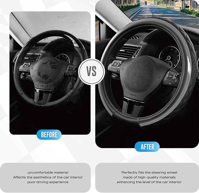Road Comforts Leather Steering Wheel Cover – Black & Gray, Universal Fit 14.5-15 Inch, Microfiber Leather, Anti-Slip & Breath