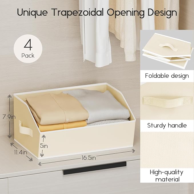 Homsorout Large Closet Organizers and Storage Bins - 4 Pack Trapezoid Storage Baskets for Shelves, Foldable Fabric Baskets wi