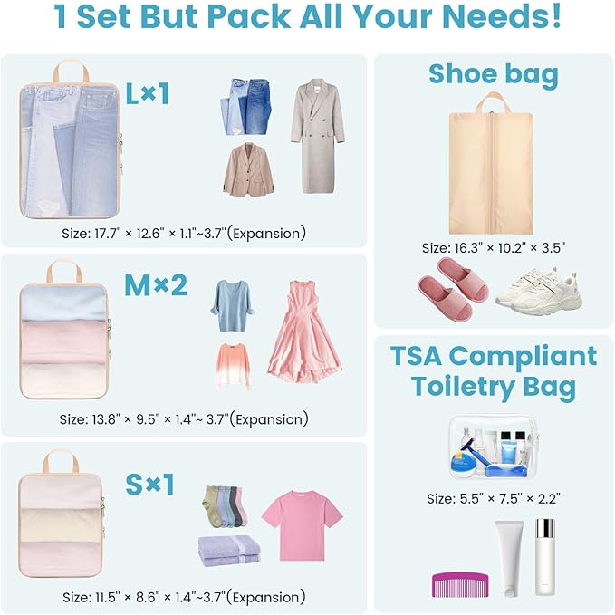 Cambond Mesh Compression Packing Cubes - 6 Piece Expandable See Through Packing Cubes for travel with Shoe and Makeup Bag, Tr