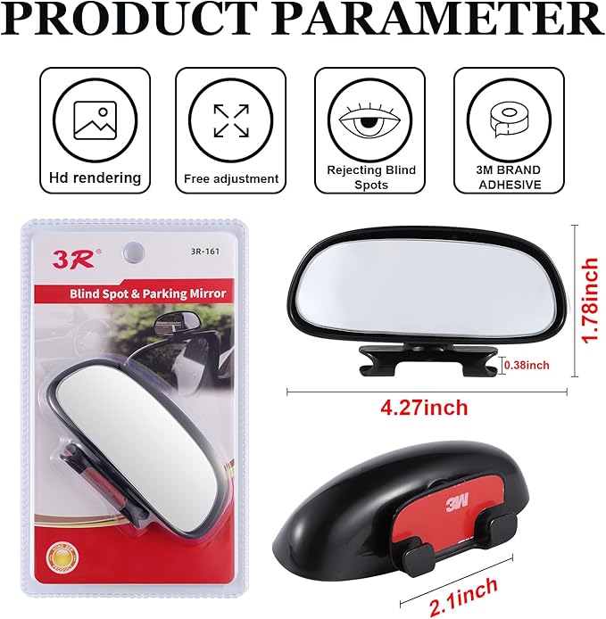 LivTee Blind Spot Mirror, HD Glass Frameless Convex Rear View Mirrors Exterior Accessories with Wide Angle Adjustable Stick for Car SUV and Trucks, Black