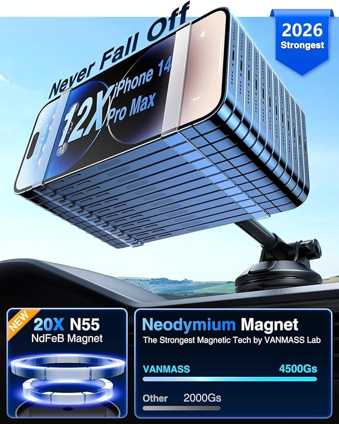 【Military-Grade】VANMASS for MagSafe Car Mount【Upgraded Strongest Magnetic&Suction】Phone Holder Cell Stand for Dashboard Windshield Vent, Tesla Truck Cradle for iPhone 17 Pro Max 16 15 14 13 12 Android