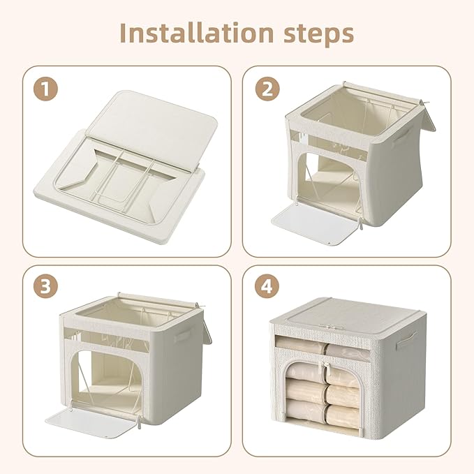FHSQX 6 Pack Foldable Storage Bins for Clothes Clothes Storage Bins with Metal Frame Stackable Storage Box with Lid (Cream Wh