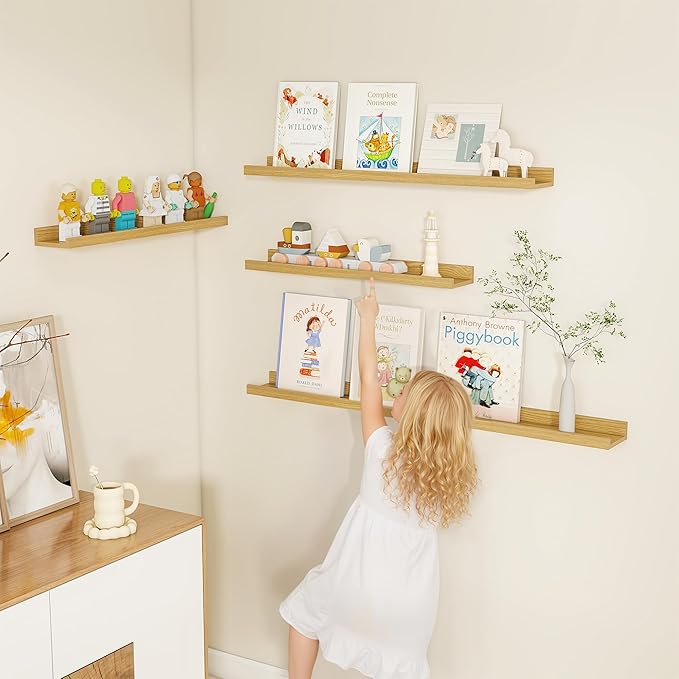 Fun Memories Picture Ledge Shelf, Floating Shelves Set of 4, 24 Inch Picture Shelves for Wall with Ledge, Large Nursery Book 