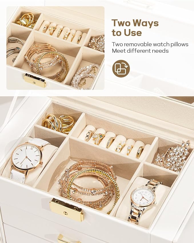 Homde Synthetic Leather Huge Jewelry Box Mirrored Watch Organizer Necklace Ring Earring Storage Lockable Gift Case (White + G