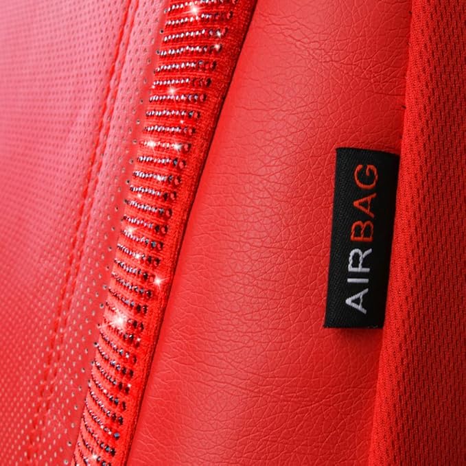 CAR PASS Bling Diamond Car Seat Covers Full Set, Shining Rhinestone Waterproof Faux Leather, Rear with Zipper, Universal Fit Automotive Glitter Crystal Sparkle Strips for Cute Women Girl, Red
