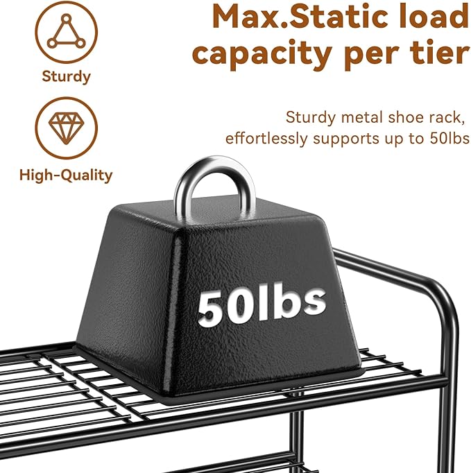 Shoe Organizer for Closet, Metal Shoe Shelf Rack Stackable 3 Tier 27 Inch Wide for Entryway, Adjustable, Black