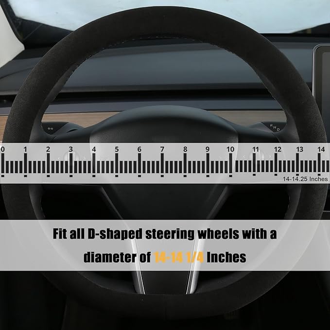 Suede Steering Wheel Cover for Tesla Model 3/Y, Anti Heat, Breathable, Anti-Slip, Leather Steering Wheel Cover 14-14 1/4 in (35.5-36 cm) (Black-01)