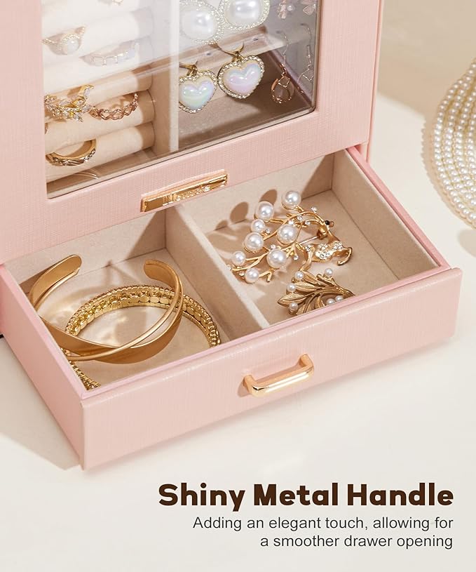 Homde Jewelry Organizer Girls Women Jewelry Box for Necklaces Rings Earrings Gift Bracelets Storage Case (Peach Pink + Gold)