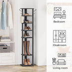 HOOBRO 8 Tiers Vertical Shoe Rack, Wooden Shoe Storage Organizer with Hooks, Narrow Shoe Tower for 8 Pairs, Space Saving, for