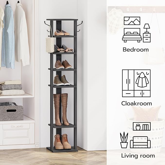 HOOBRO 8 Tiers Vertical Shoe Rack, Wooden Shoe Storage Organizer with Hooks, Narrow Shoe Tower for 8 Pairs, Space Saving, for