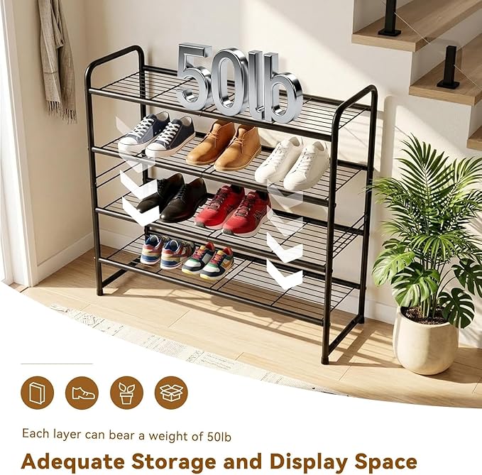 4 Tier Shoe Rack, 32.5" Wide Stackable Sturdy Metal Shoe Shelf Storage Organizer with Height-Adjustable for Entryway, Closet,