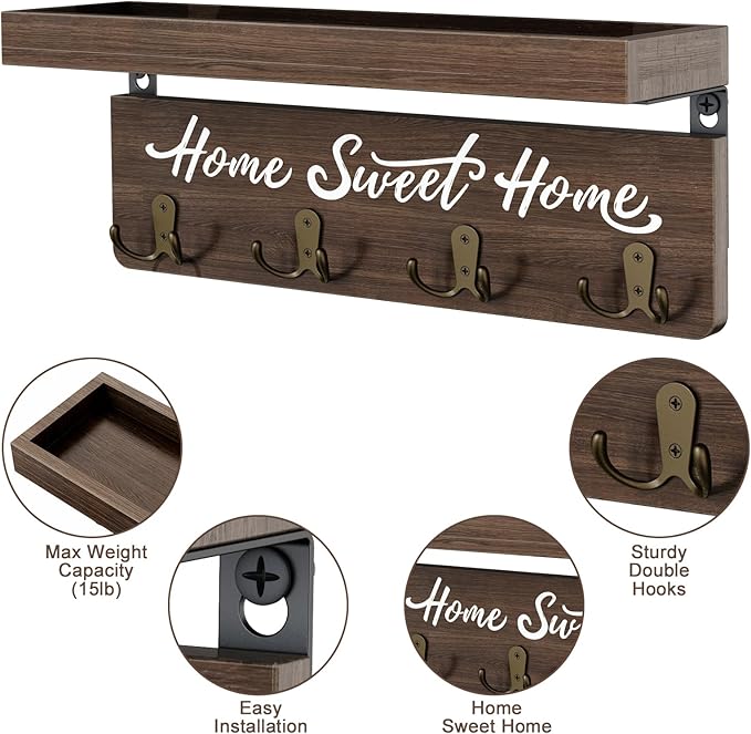 buways Wall-Mounted Key and Mail Holder, Wooden Key Rack with 4 Double Key Hooks, Rustic Home Decor for Entryway