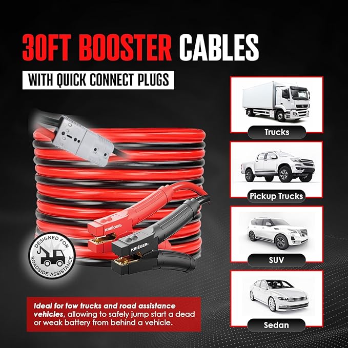 K KRIËGER Jumper Cables 100% Pure Copper, 30 Feet, 2 Gauge, 1000 Amp Custom-Made Alligator Clamps, Booster Battery Cables w/Permanent Installation Kit & Quick Connect Plugs - Carrying Bag Included