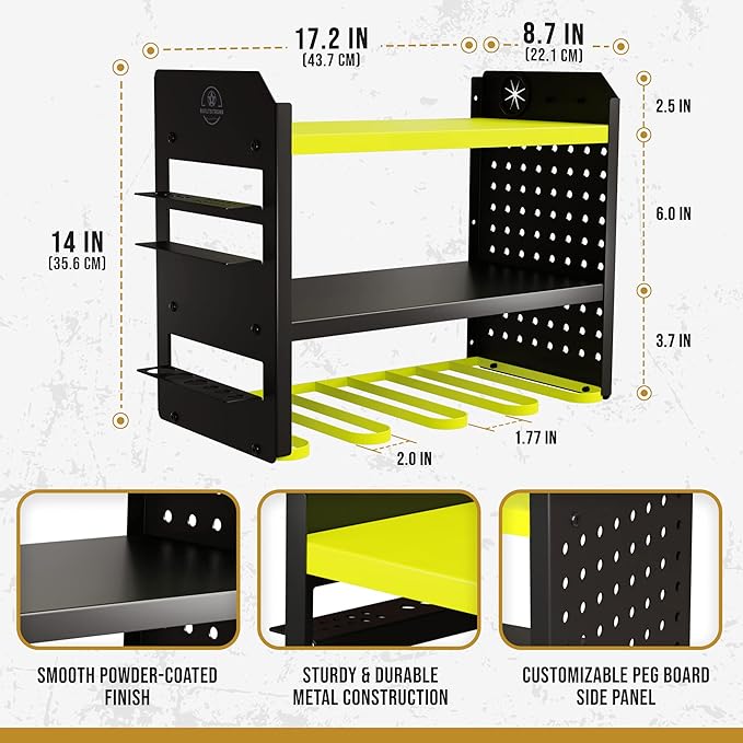 BUILTSTRONG Heavy-Duty Metal Tool Storage Rack - 3-Tier Wall Mount Organizer, Drill Holder, Utility Racks, PegBoard Side, Gar