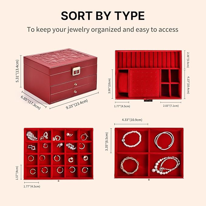 Greenfeather Jewelry Boxes for Women, Jewelry Organizer Box with Lid 3 Layers for Necklaces Rings Earrings and Bracelets Box 