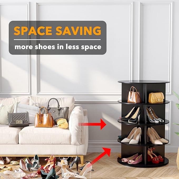 SpaceAid 4 Tier Rotating Shoe Rack Tower, Spinning Shoe Display Lazy Susan, Revolving 360 Shoe Rack Storage Round Carousel, V