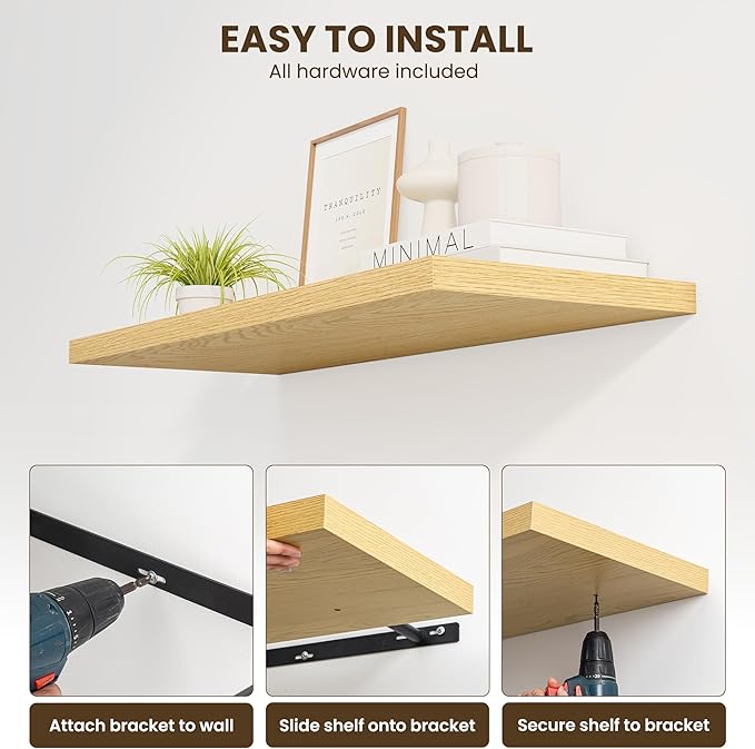 Dreamland 55" Floating Shelves for Wall, 12" Deep Slim Oak Floating Shelves, Wall-Mounted Shelves for Bedroom, Living Room, K