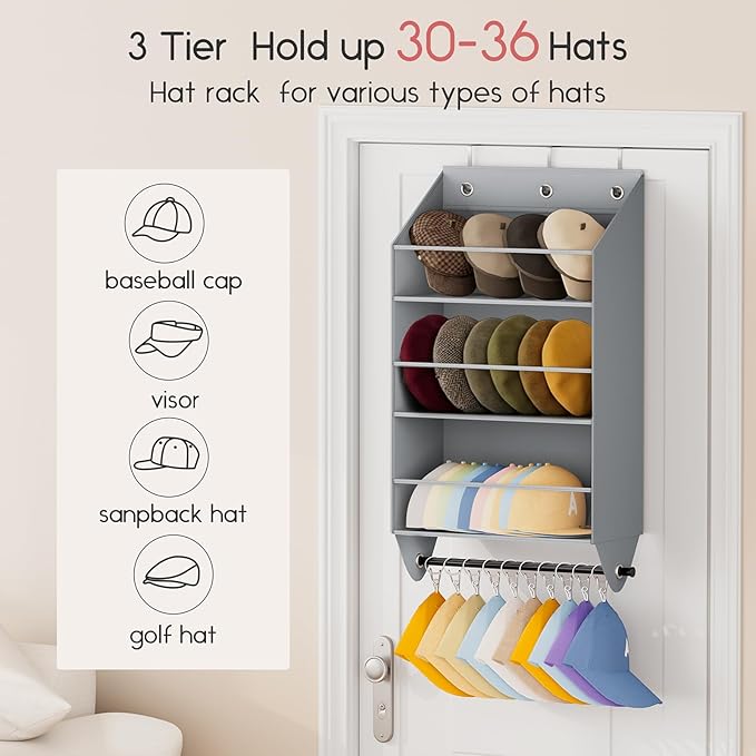 Homsorout Over the Door Hat Rack - 3-Layer Design Hat Organizer Holds 30-36 Hats with 10 Hooks, Ideal Hat Rack for Door, Over