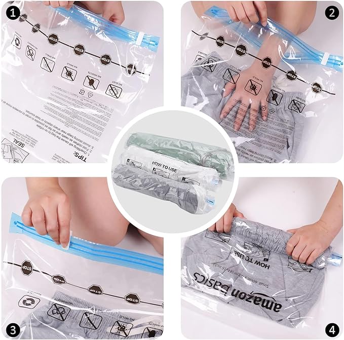 Amazon Basics Roll-Up Travel Compression Storage Bags for Clothes and Towels, No Vacuum Needed, Clear, 12 Pack (6 Small & 6 M
