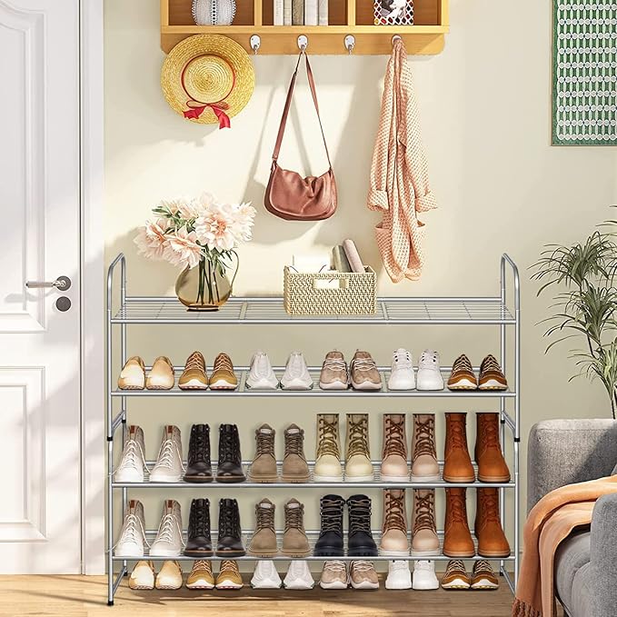 AOODA 2 Tier Long Metal Shoe Rack for Closet Wide Stackable Shoe Storage Organizer 18-Pairs Low Small Sneaker Rack for Entryw
