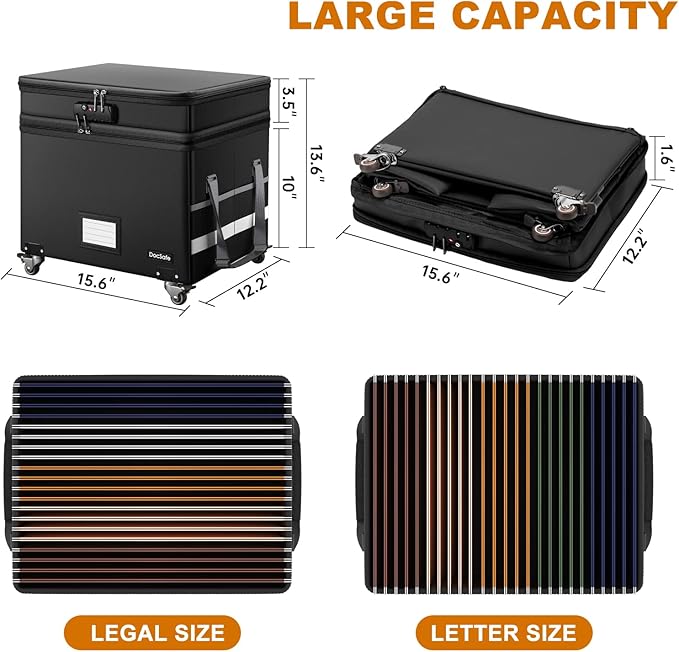 DocSafe Fireproof Document Box with Lock,2-Layer File Box with Wheels,Collapsible File Storage Organizer with Pockets,Large P