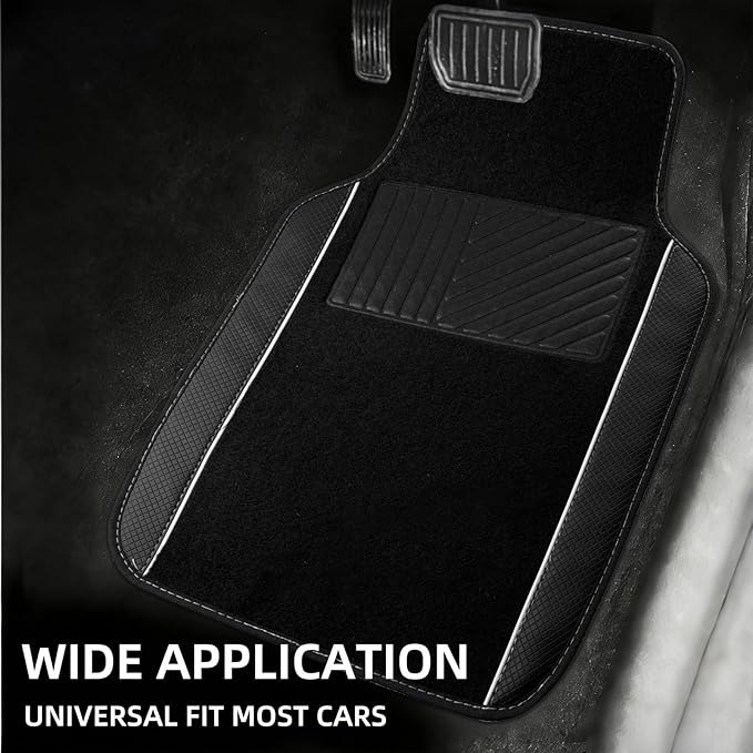 NBTEPEM Waterproof Universal Fit Car Floor Mats, Faux Leather Sporty Car Carpet Mats with Anti-Slip Nibbs Backing & Driver Heel Pad Fit for SUV, Vans, Sedans, Trucks, Set of 4 (Black with White line)
